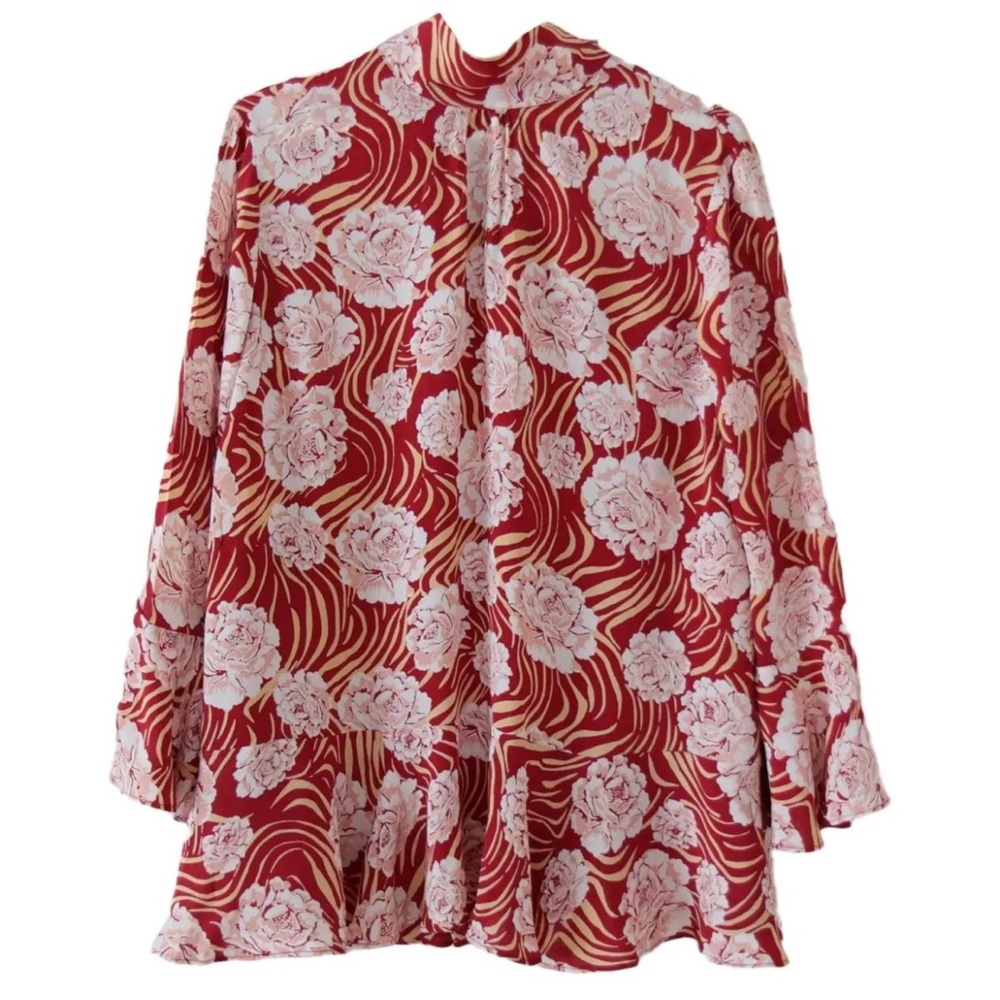 🌟BY TIMO🌟 FLORAL ZEBRA PRINT TIE NECK FLOUNCE SLEEVE BLOUSE RED SZ M